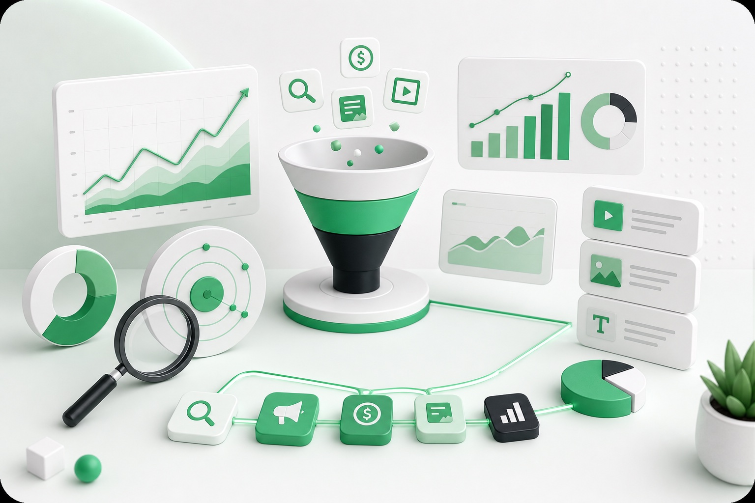 Marketing dashboard visuals with funnel, charts and campaign signals